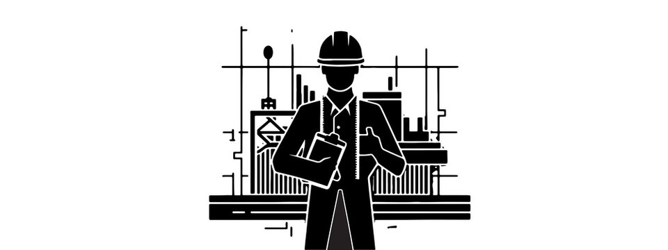 silhouette of civil enginner wearing helmate and holding clipboard in one hand for planning 