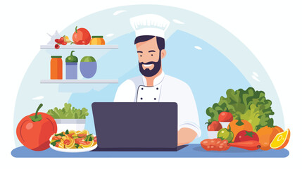 Online male chef from computer screen with recepts.