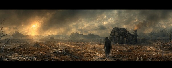 Visualize a wide-angle perspective of a makeshift shelter in a post-apocalyptic setting, surrounded by barren land and remnants of the old world Show a sliver of light breaking through the darkness, s - obrazy, fototapety, plakaty