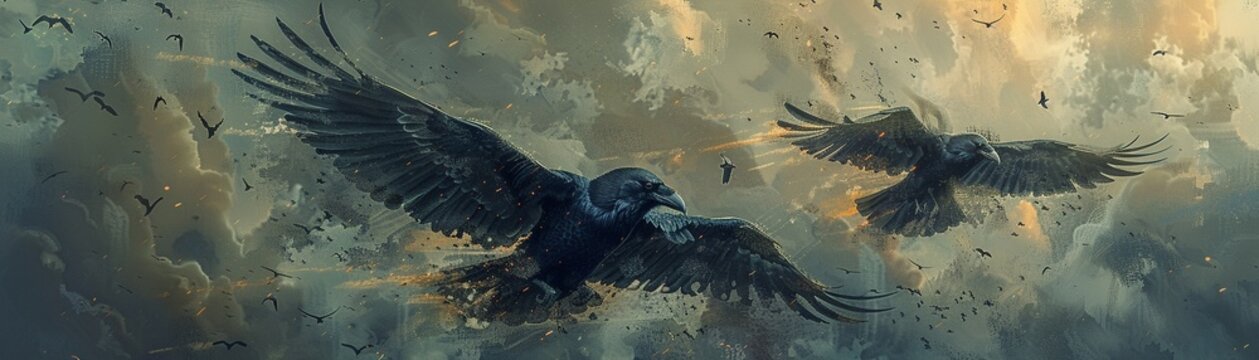 Transport your audience to the heart of Norse mythology with a breathtaking rear view illustration of Odins ravens, Huginn and Muninn, soaring through the sky Infuse the image with a sense of mystery 