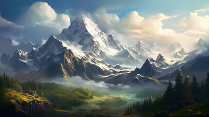 A majestic mountain range with snowcapped peaks. - obrazy, fototapety, plakaty