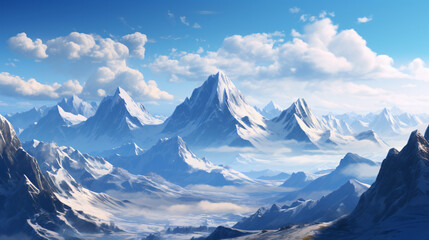 A majestic mountain range with snowcapped peaks. - obrazy, fototapety, plakaty