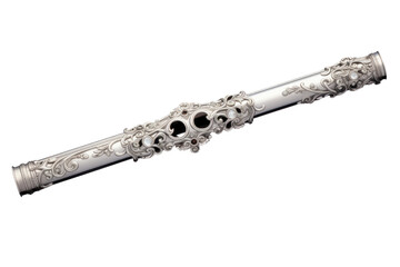 Silver Flute With Ornate Designs. On a White or Clear Surface PNG Transparent Background.