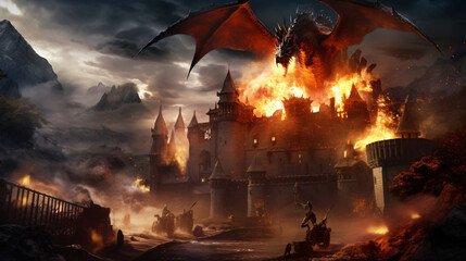 A medieval castle under siege by a dragon.