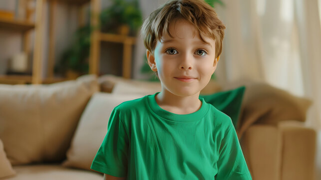 mockup featuring a young boy wearing a green t-shirt at home, exuding warmth and comfort in a familiar domestic setting