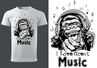 I Love Great Music with a Gorilla Illustration as a Textile Print Motif - Black and White Image, Vector