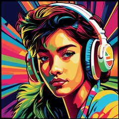 Colorful Painting of a Girl with Headphones on her Head - Artistic Illustration Isolated on White Background, Vector - 763798047