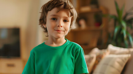 cozy mockup featuring a young boy wearing a green t-shirt at home, exuding warmth and comfort 