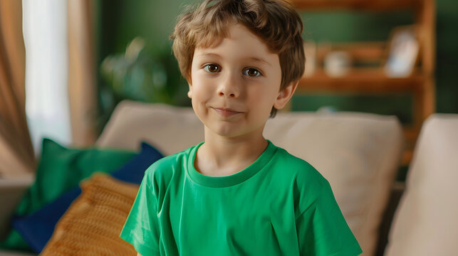 cozy mockup featuring a young boy wearing a green t-shirt at home, exuding warmth and comfort at home