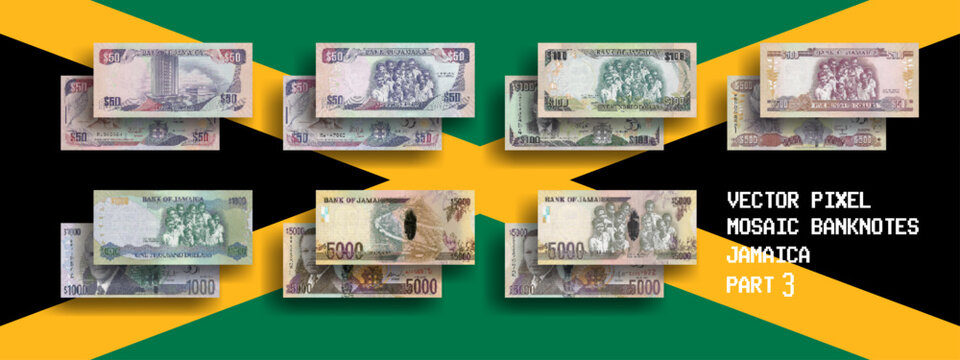 Vector set of pixel mosaic banknotes of Jamaica. Collection of notes in denominations of 50, 100, 500, 1000 and 5000 dollars. Obverse and reverse. Play money or flyers. Part 3