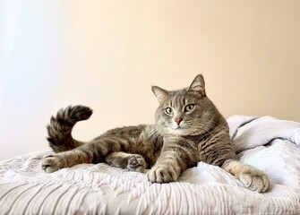 cute domestic cat lies on the bed like an owner, and looks at the camera. High quality photo