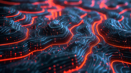 3D rendering of abstract digital landscape with neon glowing particles. Futuristic wave with depth of field and bokeh. AI.