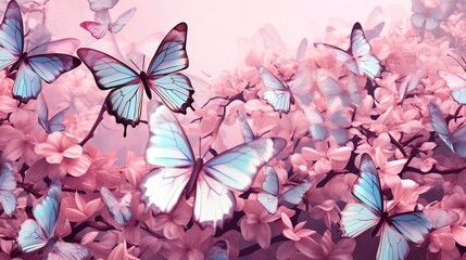 Illustration of a pink background with colorful butterflies fluttering gracefully. Generative ai.