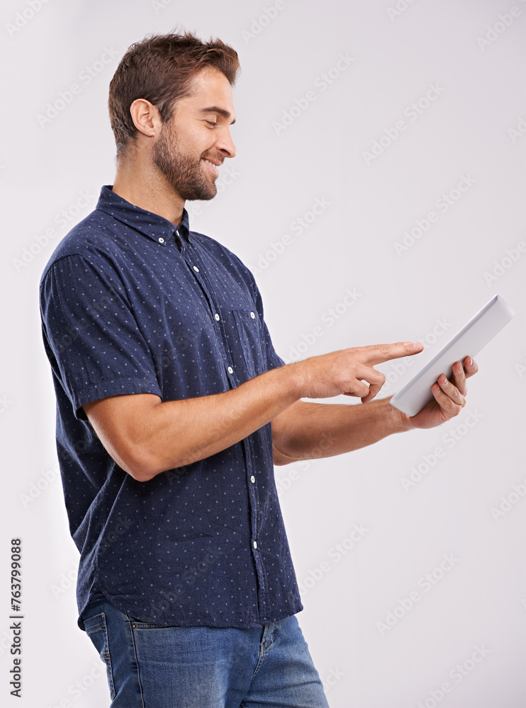 Aufkleber Business man, studio and digital research on tablet with idea, planning and problem solving for project. Designer, creativity and touchscreen for fashion prototype and networking by grey background