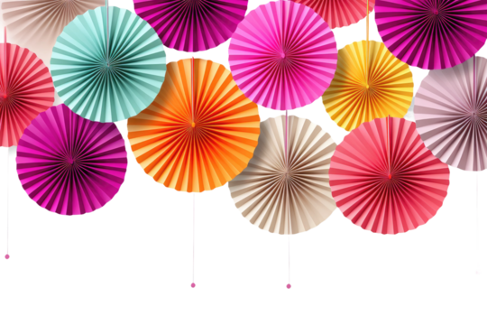 Colorful Paper Fans Hanging From Ceiling. On a White or Clear Surface PNG Transparent Background.
