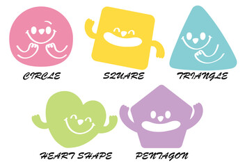 Variety of colorful geometric shapes with facial expression. Abstract hand draw style shapes smile, laugh, happy face. Set of cartoon circle, triangle, square, pentagon, heart shape character emotion.