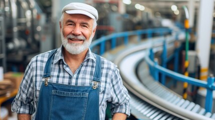 A man wearing overalls and a hat stands in front of a moving conveyor belt inside a parcel warehouse