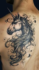 The mystical charm of a unicorn tattoo on a man's back, its graceful form and flowing mane depicted with ethereal beauty against a dreamy, solid background.