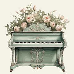 Fototapeta na wymiar Antique Sage Green Piano with Roses clipart