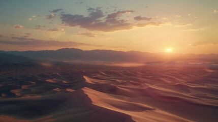 The sun sets over a peaceful desert, casting a warm glow over the smooth, rippled sand dunes under a cloud-dappled sky.