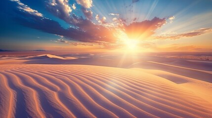 A majestic sunset casts golden hues over the rolling dunes of a tranquil desert, creating a landscape of serene beauty. - obrazy, fototapety, plakaty