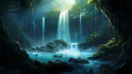 Deurstickers A mystical waterfall cascading into a pool © franklin