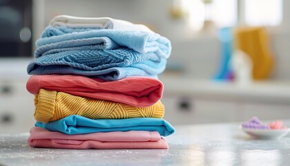 Clean folded colored linen is stacked on the laundry table, a banner