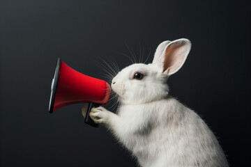 White rabbit with a megaphone on a dark background, side view. Generative Ai - 763800472