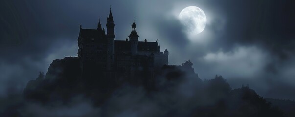A gothic castle perched on a cliff under a luminous full moon amidst swirling clouds, creating a...