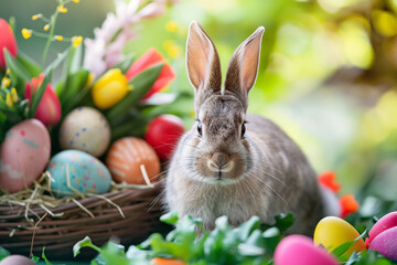 Cute Easter bunny with a basket of Easter eggs, springtime. Generative Ai - 763800487