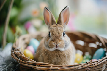 Cute Easter bunny with a basket of Easter eggs, springtime. Generative Ai - 763800496