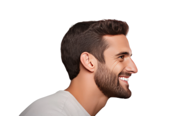 Smiling Man With Goatee and Beard. On a White or Clear Surface PNG Transparent Background.