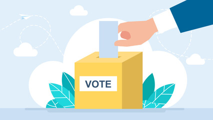 Voting concept. Hand putting paper in the ballot box. Hand voting ballot box icon. Election Vote concept. Design for web site, logo, app, UI. Flat style. Vector illustration - obrazy, fototapety, plakaty