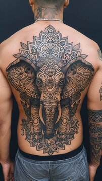 The spiritual resonance of an intricate mandala elephant tattoo on a man's back, its majestic presence and ornate patterns set against a tranquil, solid backdrop.