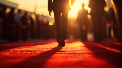 Silhouetted Individual Walking on Red Carpet at Sunset, Evoking Feelings of Fame, Success, and the Journey Towards Achievement - obrazy, fototapety, plakaty
