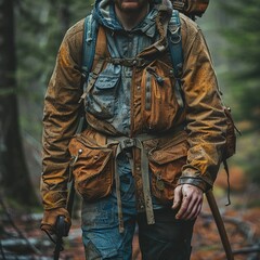 Wearing hiking gear, carrying a backpack and a machete