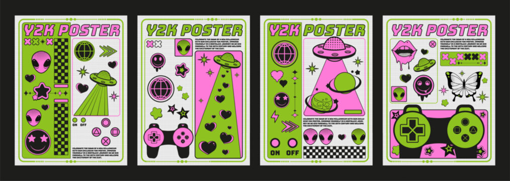 Y2k poster design with retro elements of alien face and ufo, gamepad and smileys, heart and star shapes. Vector set of retro 2000s aesthetic style banner or cover with vintage images and text.