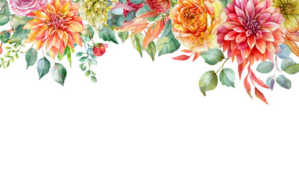 watercolor illustration of hanging Autumn floral corner border with dahlia, rose and eucalyptus leaves. isolated on transparent background background - obrazy, fototapety, plakaty