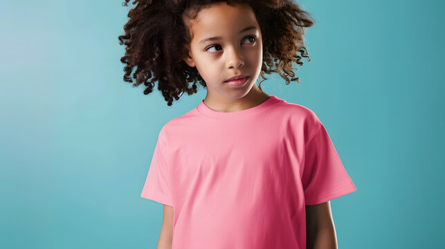 mockup showcasing a young black girl wearing a pink t-shirt against a soft light blue background, exuding a delightful contrast and a sense of youthful vibrancy