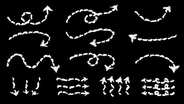 Set of white hand drawn style with crayon brush dotted line arrow animation transparent background. Variety of doodle popping charcoal arrows footage video. Freehand different sketch curved swirl line