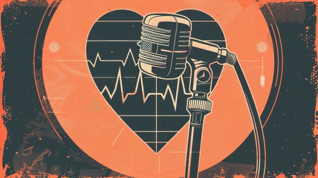Vintage Microphone with Heartbeat, Ideal for Music and Podcast Themes