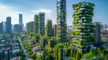 緑化都市と緑化された高層ビル - obrazy, fototapety, plakaty