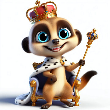 photo illustration of a meerkat sitting wearing a gold crown and accessories 