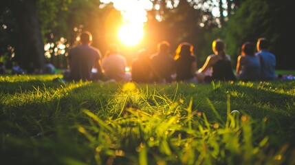 A group of people sitting on grass in the park,enjoying outdoor activities together at sunset.