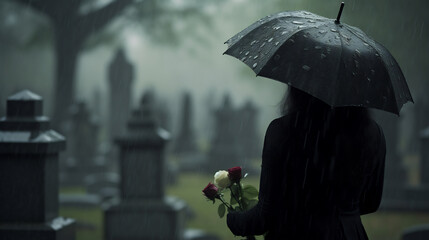 Unrecognize Woman with Umbrella and Flowers Visiting a Graveyard on a Foggy Day, Evoking Themes of Remembrance, Mourning, and the Solace of Memory