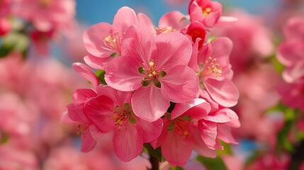 Naklejka premium Beautiful pink crabapple blossoms in full bloom, macro photography,beautiful spring time theme.