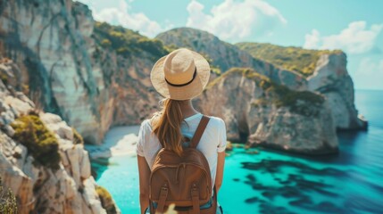 Traveler Overlooking a Serene Blue Cove, Suitable for Adventure and Travel Blogs - obrazy, fototapety, plakaty