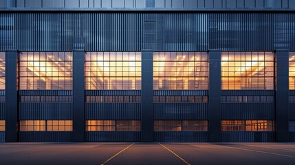 exterior of big industrial warehouse with windows at night