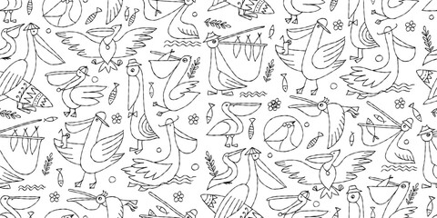 Pelicans family. Funny characters. Seamless pattern background for your design. Colouring page - 763802278