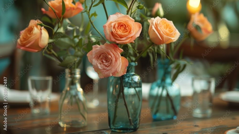 Canvas Prints a group of vases filled with flowers on top of a wooden table